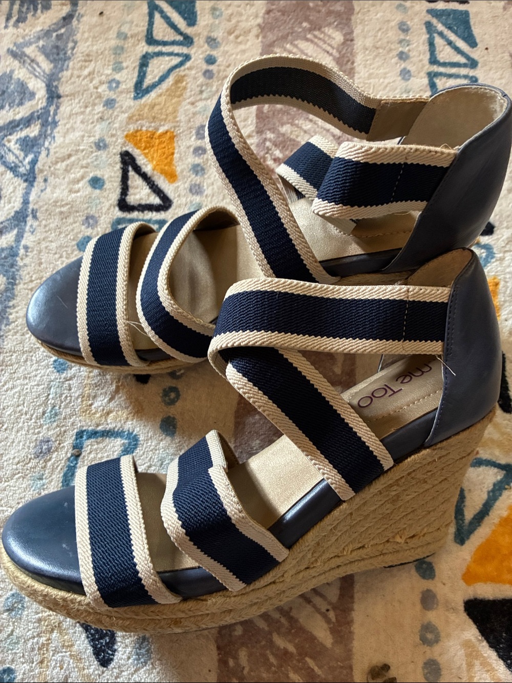 me too Navy and Cream Espadrille Wedge Sandals Nautical Beachy Preppy 9